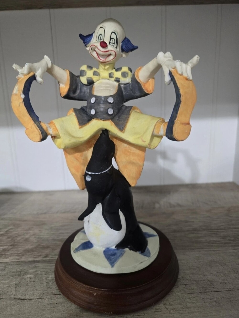 Collectible DAVAR Figurine, 10” Circus Clown with Seal and Ball